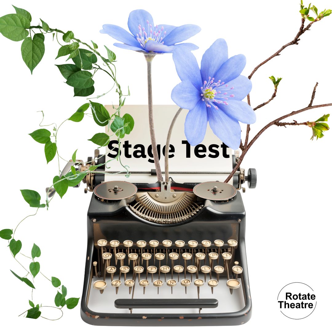 A typewriter with plants growing out of it. Text reads: Stage Test